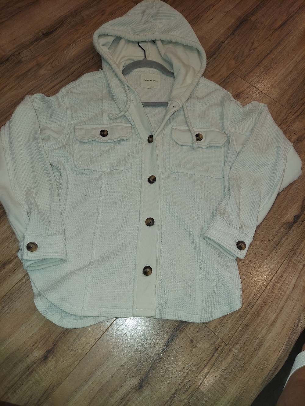 American Eagle Feels Seriously Lived In Hoodie XS Ivory Oversized Button Waffle
